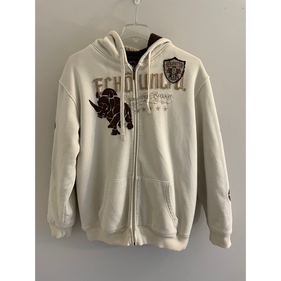 Ecko Unltd Other - Vintage Ecko Unltd Mens XL Sherpa Lined Zip Up Hoodie Cream Rhino Graphic Y2K